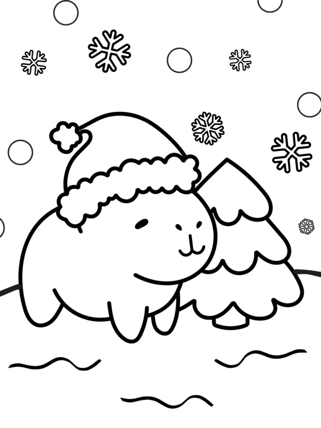 cartoon capybara wearing a santa hat with christmas tree in the snow coloring page