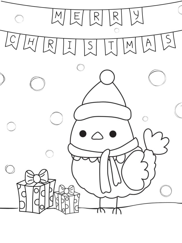 a little christmas chicken coloring page with a santa hat and a banner that says merry christmas
