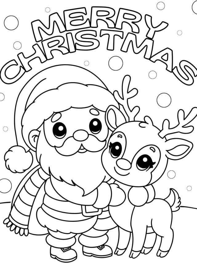 santa coloring page with reindeer with cute eyes and text that says merry christmas
