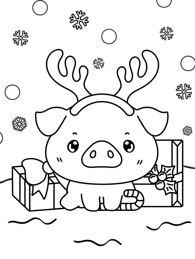 Pig coloring page of Christmas scene with pig with reindeer antlers and presents in the snow