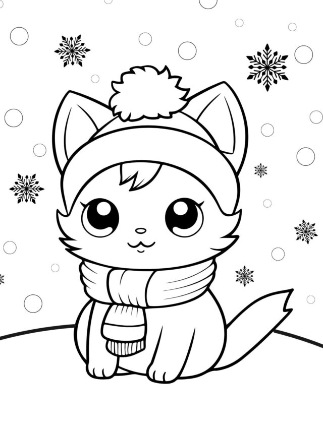 a coloring page of a kitten in the snow wearing a scarf