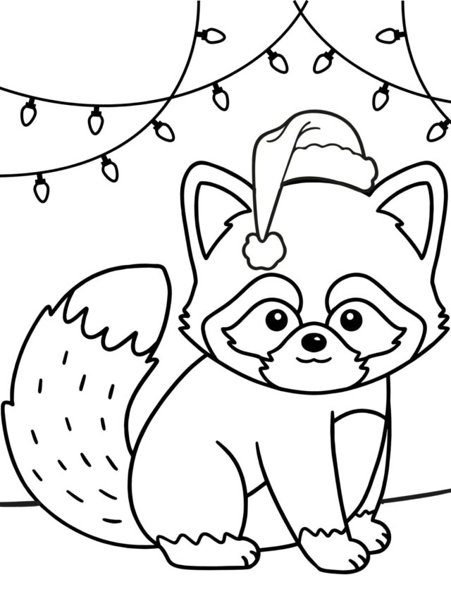 a christmas coloring page of a red panda with christmas lights