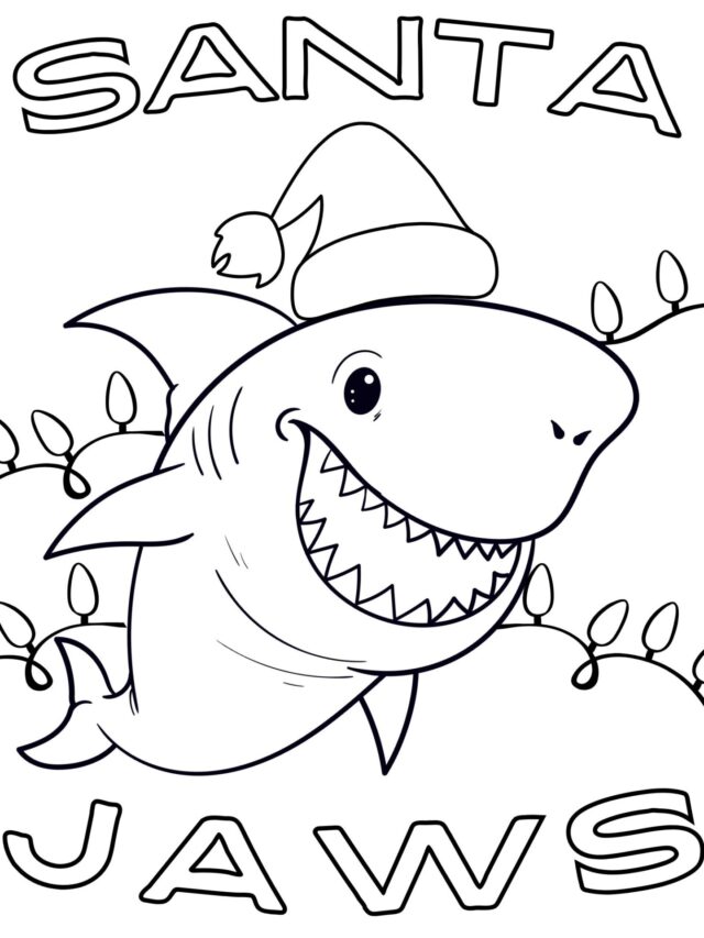 a coloring page of a a shark wearing a santa hat that say santa jaws