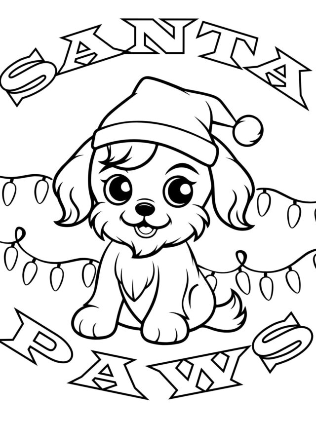 a christmas coloring page of a puppy with text thats says santa paws