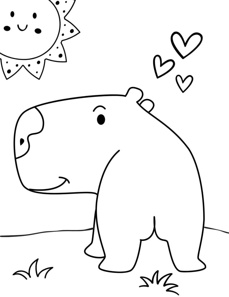 Cute capybara coloring pages featuring a capybara looking back with three hearts floating near its head and a smiling sun in the background.