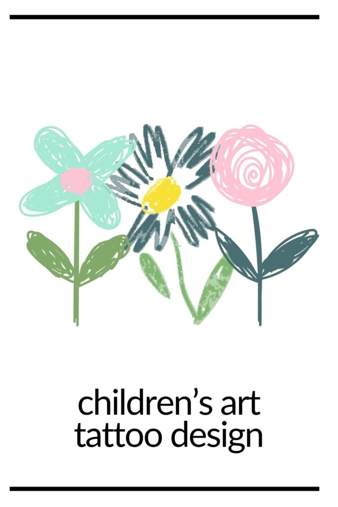 Three different flowers sketch as children's art inspo for tattoo.