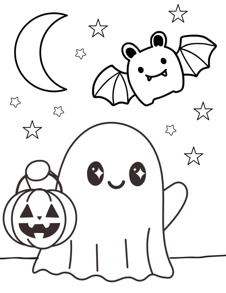 A coloring page of a cute ghost holding a trick or treat basket and a flying bat.