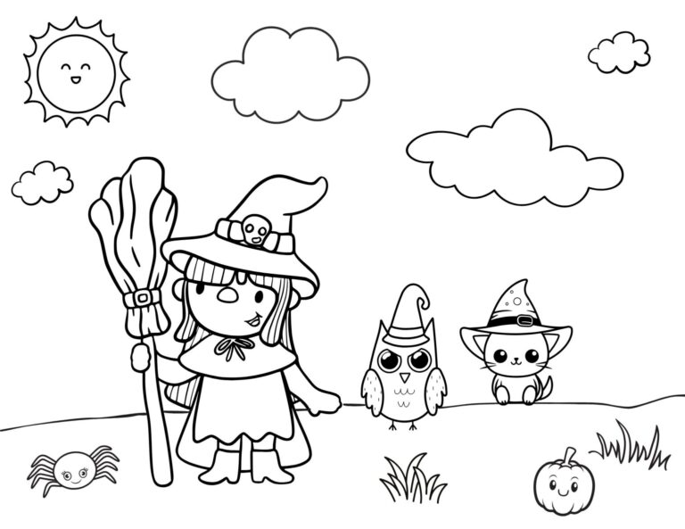 A coloring page of a cute witch holding a broom with an owl and cat behind.