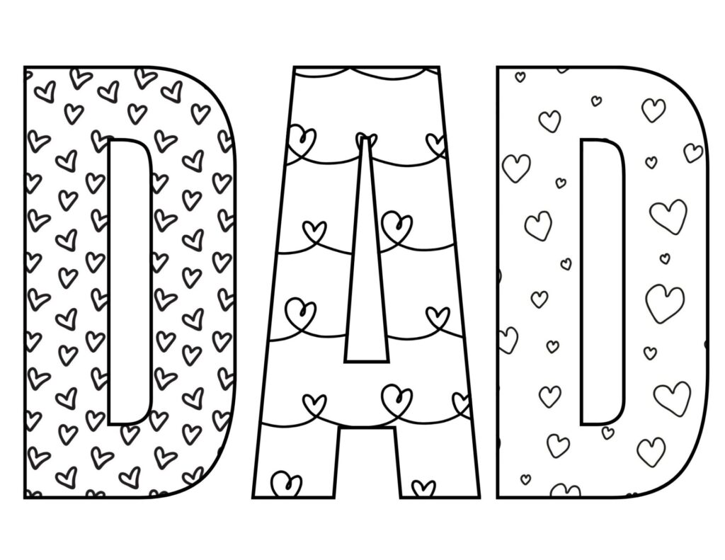 DAD big text with different heart designs inside.