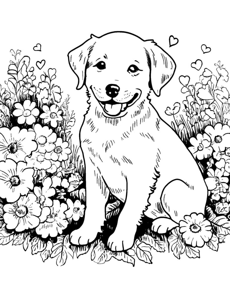 A coloring page of a dog surrounded with flowers.