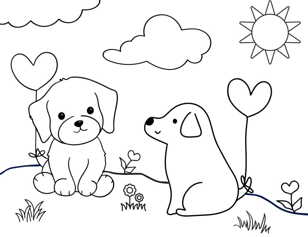 A coloring page of two dogs with balloon hearts on their tails.