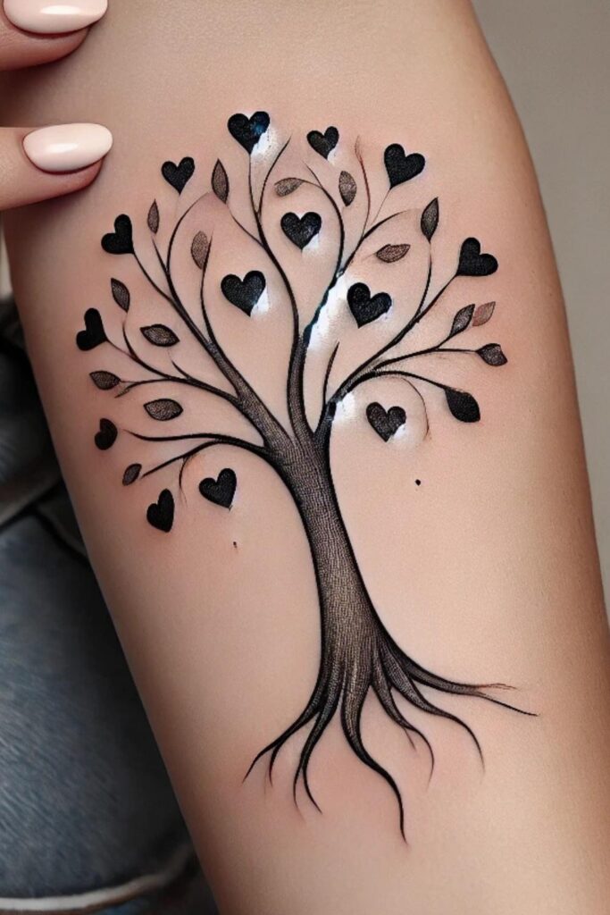 Family tattoo of tree blooming hearts.