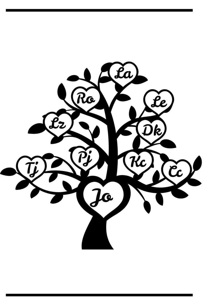 Family tattoos of a tree with initials of family members.