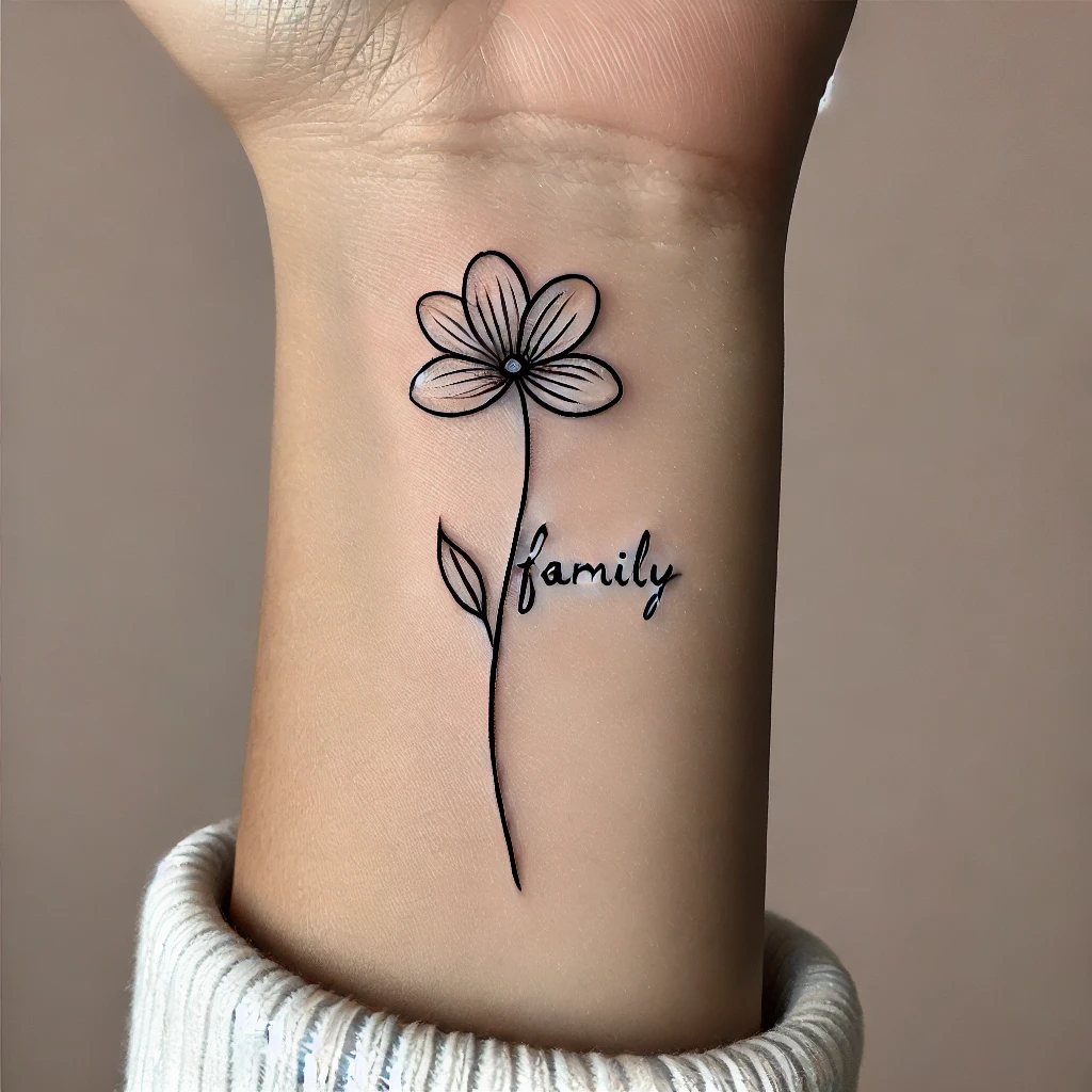Wrist tattoo of a stem of flower with the words family.
