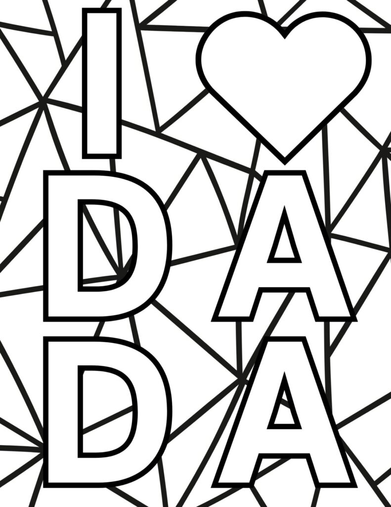 I heart dada coloring page with geometrical patterns in the background.