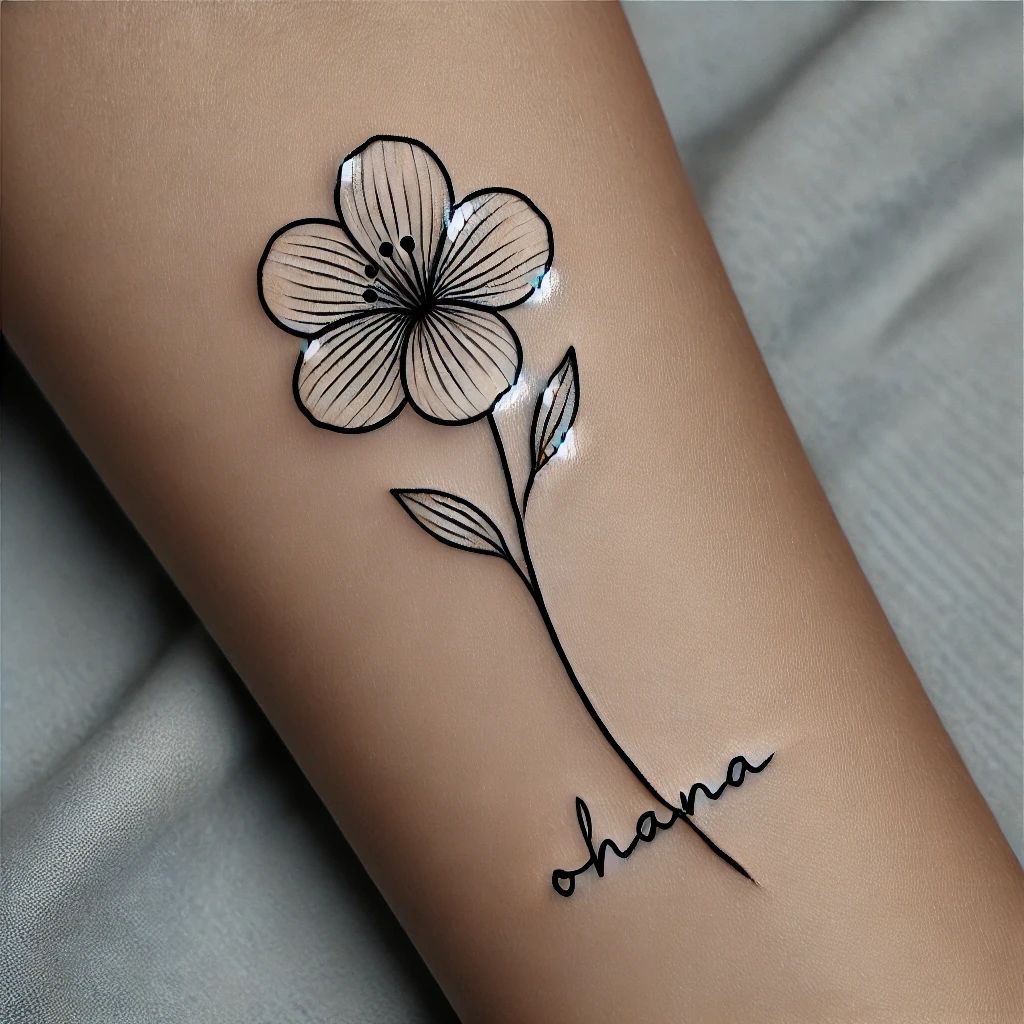 Flower tattoo with a text Ohana near the tip of the stem.