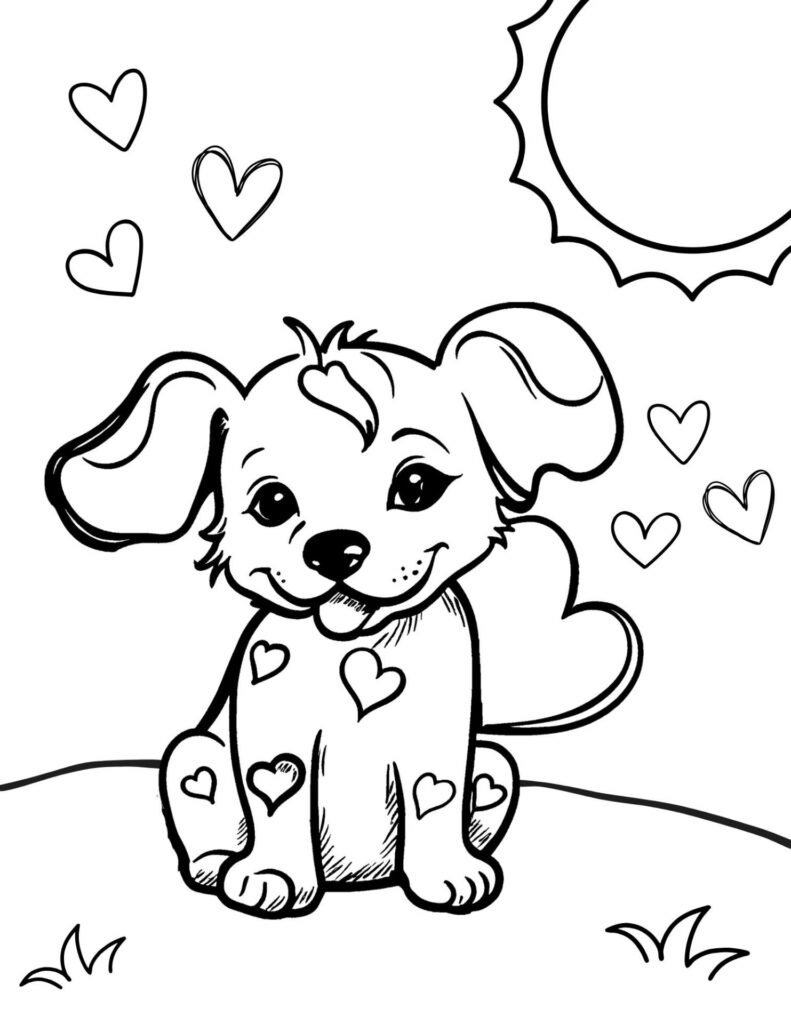 A coloring page of a dog surrounded with floating hearts.