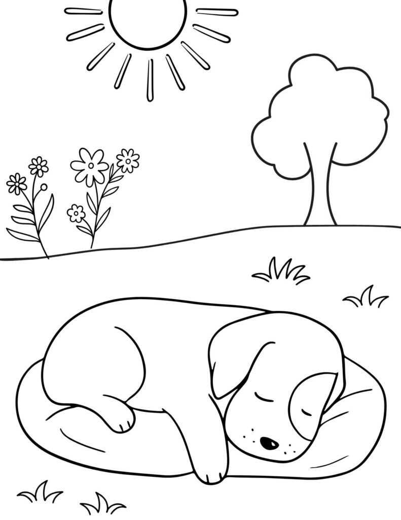 A coloring page of a sleeping dog under the heat of the sun.