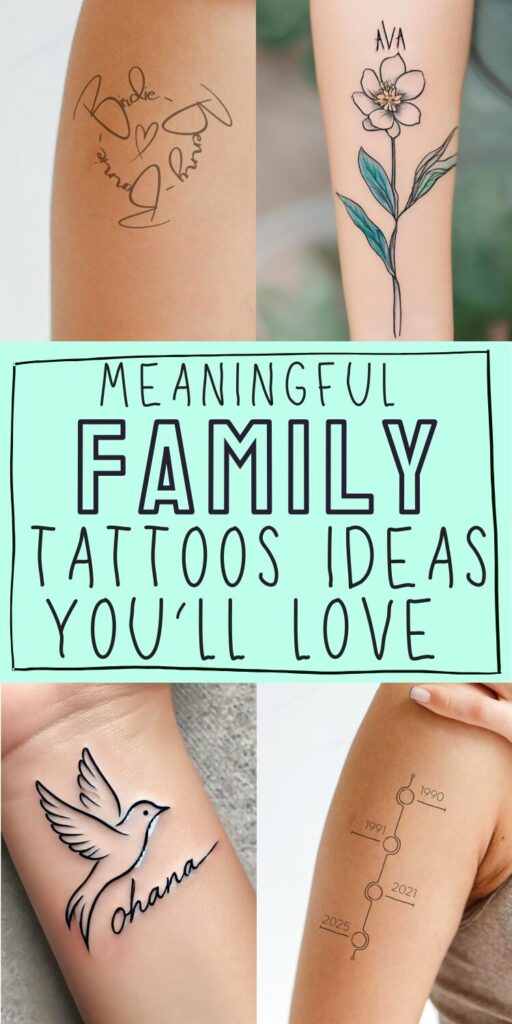 four thumbnails of tattoos with text saying meaningful family tattoo ideas you'll love