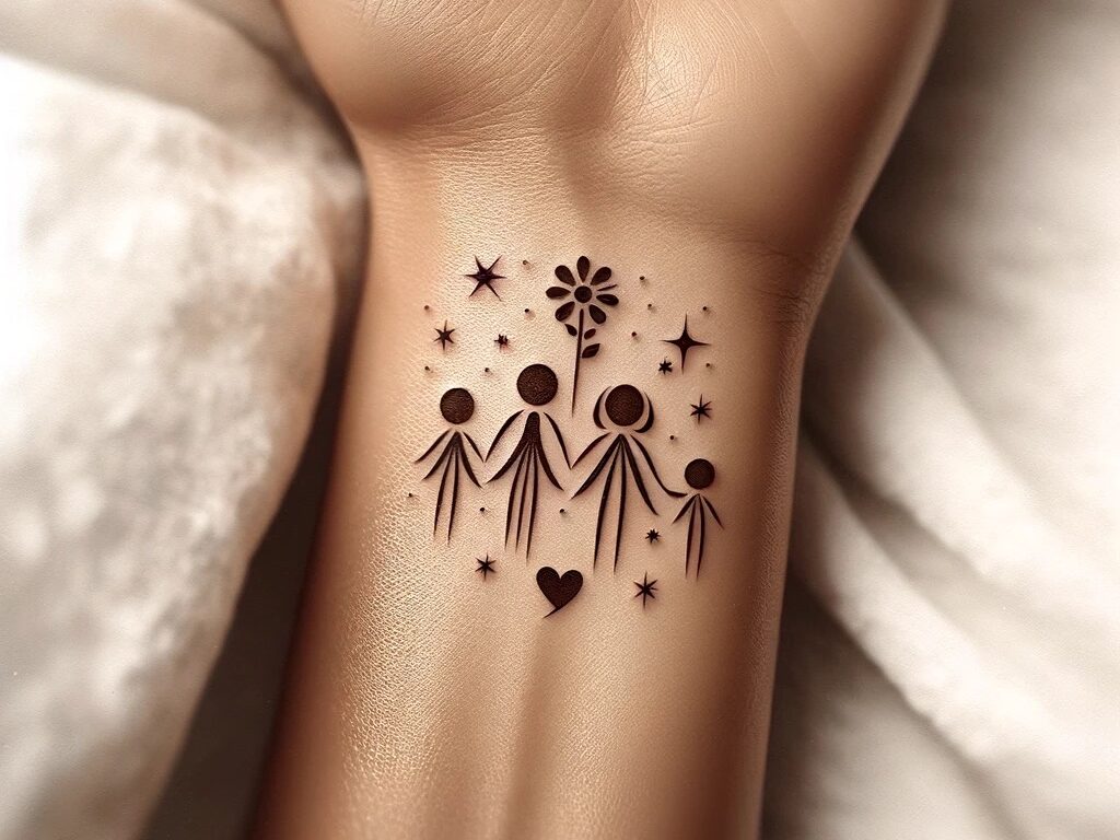 Wrist tattoo of family members holding hands.