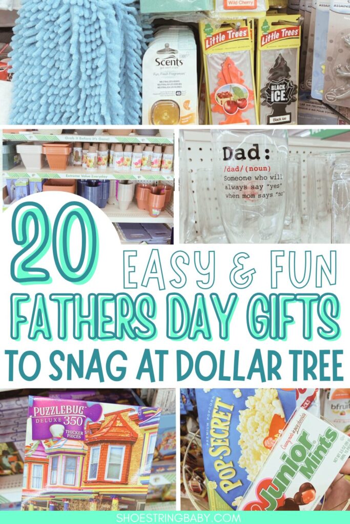 text that says 20 easy & fun fathers day gifts to snag at dollar tree and thumbnails of shelves at the dollar store