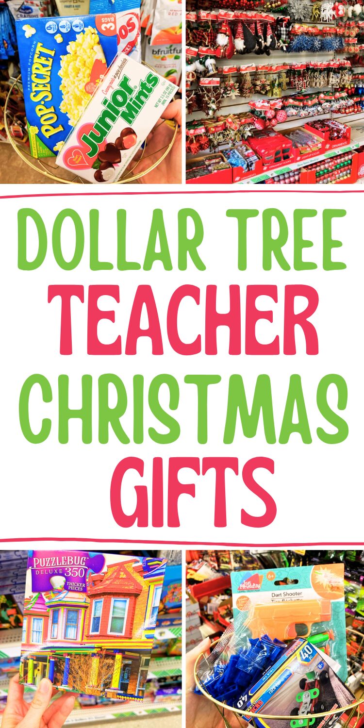 four small pictures of dollar tree gifts and big text in the middle that says text that says dollar tree teacher christmas gifts