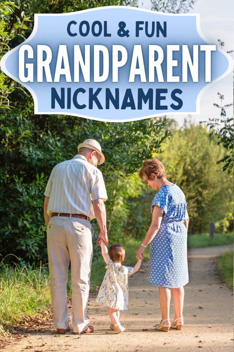 text overlay that says cool and fun grandparent nicknames with a picture of the backs of grandparents holding a baby's hands